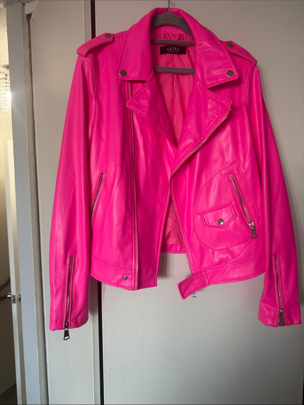 AKIRA Bright Hot Pink Faux Leather Moto Jacket